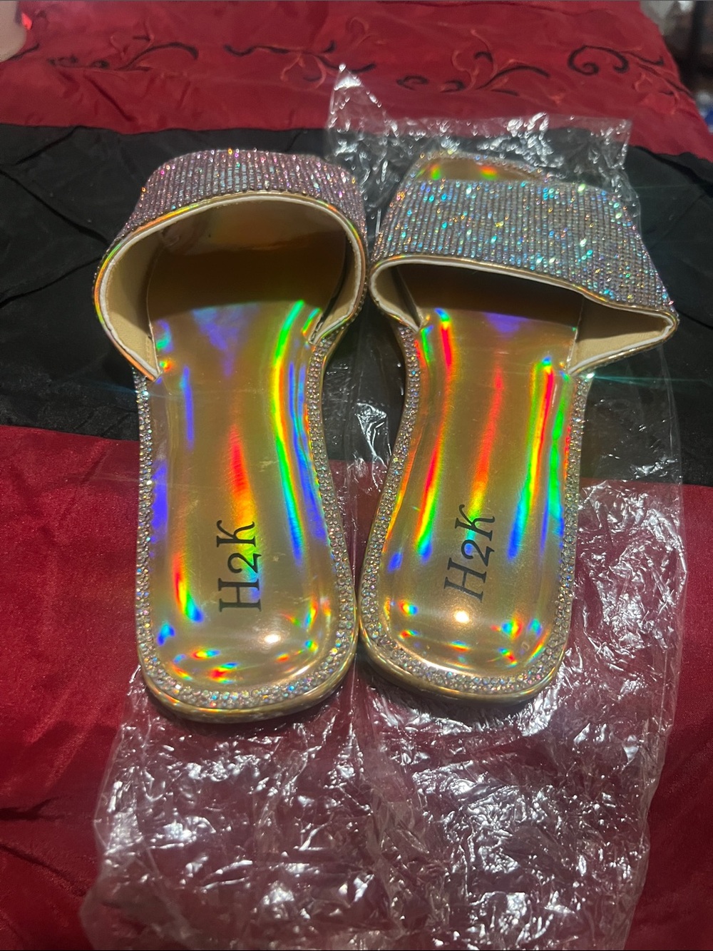 H2K Gold Iridescent Slide Mules with Rhinestone Strap